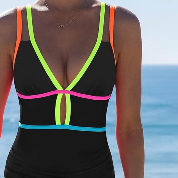 Tummy Control Sexy Cutout Neon Color Block Bathing Suit - Picture 3 of 5